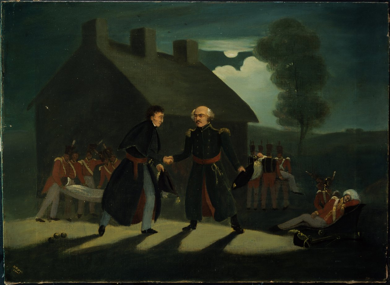 اجتماع ويلينغتون (1769-1852) وبلوشر (1742-1819) في تحالف لابيل بعد معركة واترلو ، c.1820 بواسطة H. باينز