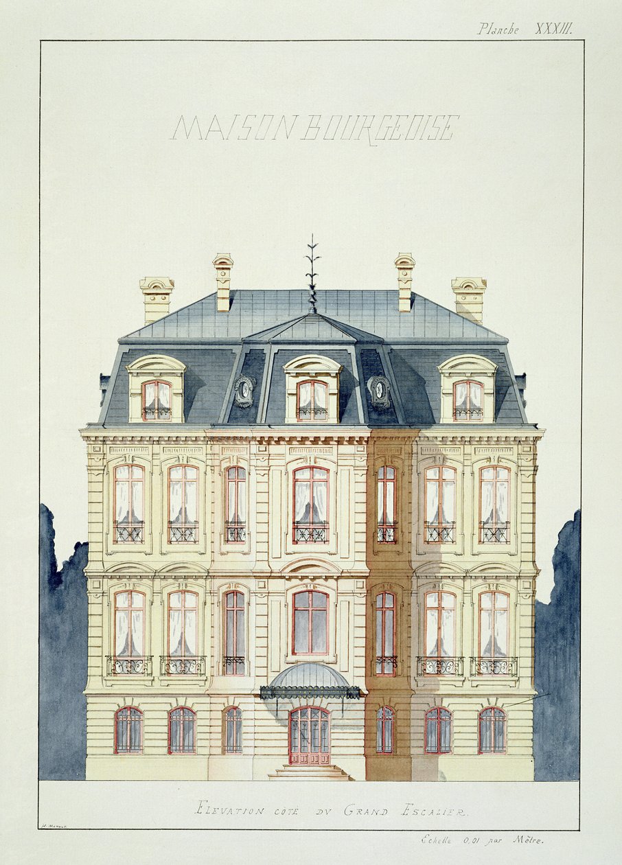 الارتفاع الأمامي لمنزل للبرجوازية ، اللوحة الثالثة والثلاثون ، من مجموعة من التصاميم ، c.1870 بواسطة H. مونو