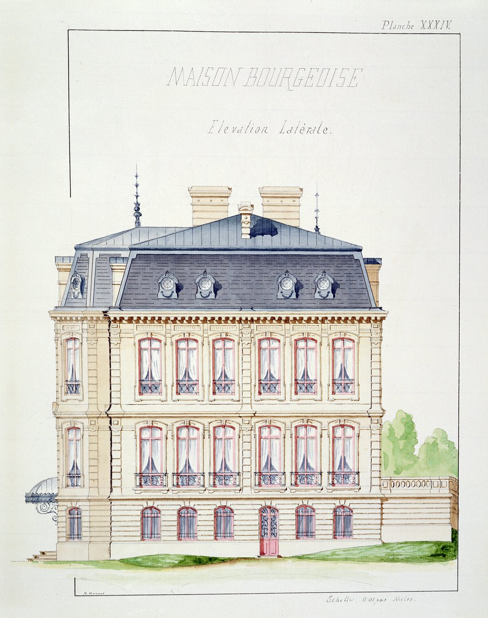 الارتفاع الجانبي لمنزل للبرجوازية ، اللوحة الرابعة والثلاثون من ورقة التصاميم ، ج 1870 بواسطة H. مونو
