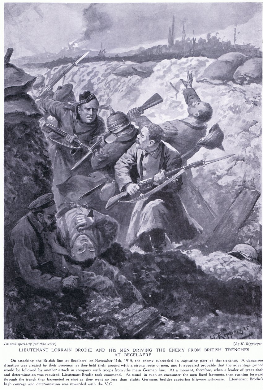 اللفتنانت لوران برودي فاز بمخرج فيديو لقيادة العدو من الخنادق البريطانية في Becelaere في نوفمبر 1915 بواسطة H. Ripperger