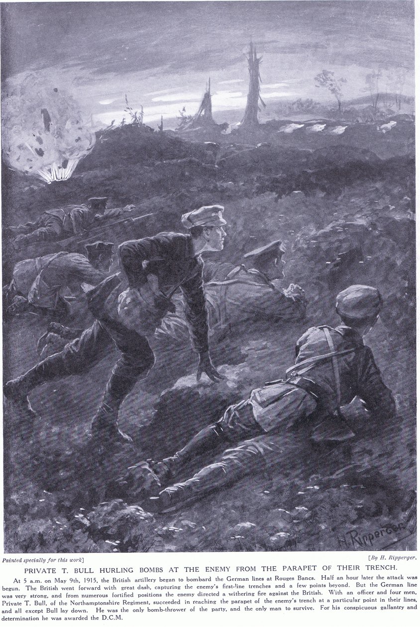 ربح الجندي T Bull قنابل DCM القذف على العدو من حاجز خندقهم في Rouges Banc May 1915 بواسطة H. Ripperger