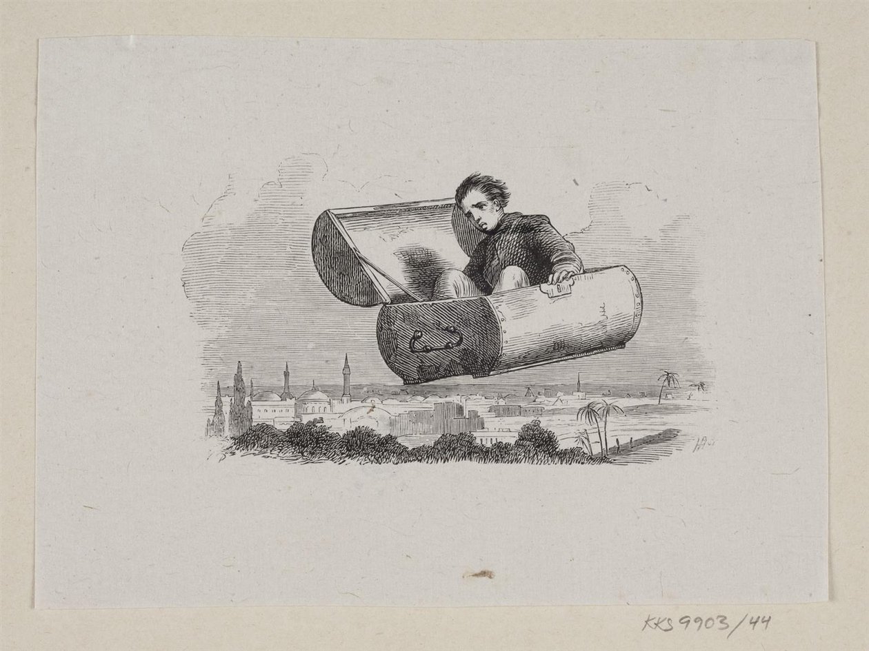 رسم توضيحي لـ "The Flying Suitcase" في HC Andersen ، "Fairy Tales and Stories" ، المجلد 1 بواسطة إتش بي هانسن