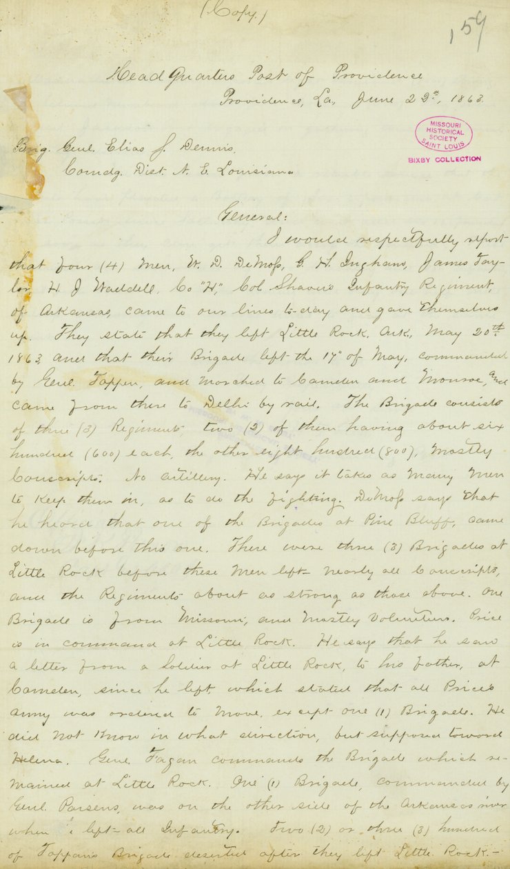رسالة من HT Reid ، المقر ، Post of Providence ، لويزيانا ، إلى العميد إلياس إس دينيس ، 22 يونيو 1863 بواسطة HT ريد