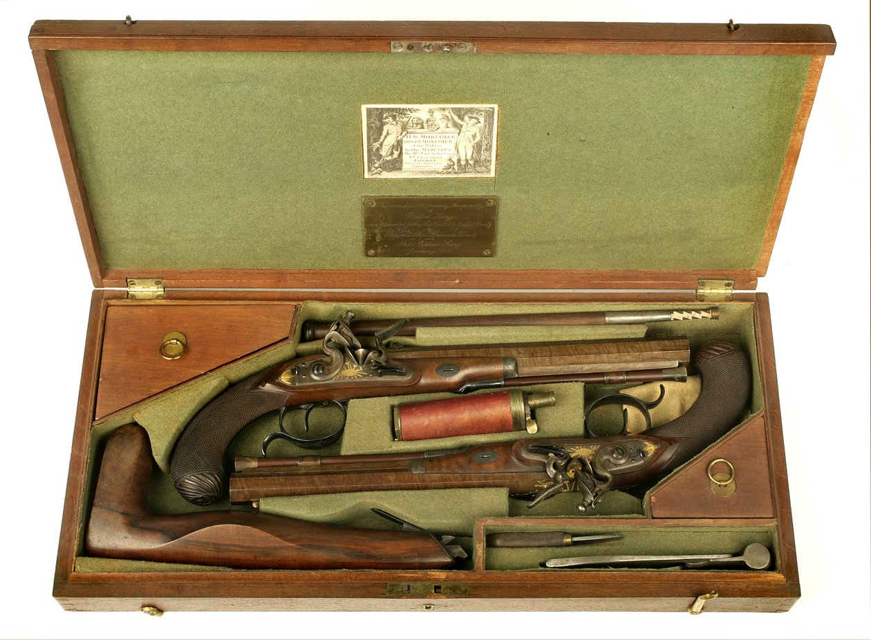زوج من مسدسات Flintlock Dueling مع العلبة والملحقات ، c.1780-1800 (وسائط مختلطة) بواسطة الأب مورتيمر وأولاده