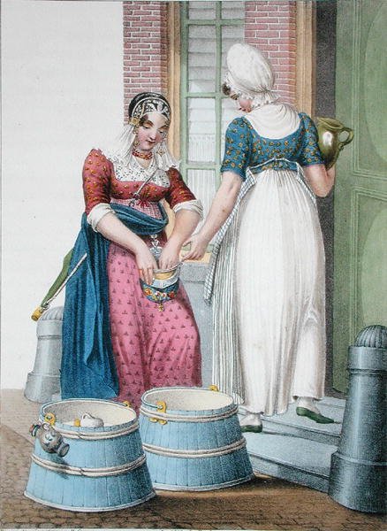 خادم في أمستردام وخادمة حليب محلية ، رسم توضيحي من "Collections des Costumes des Provinces Septentrionales du Royaume des Pays Bas ..." محفور بواسطة Villeneuve بواسطة H. (بعد) Greeven