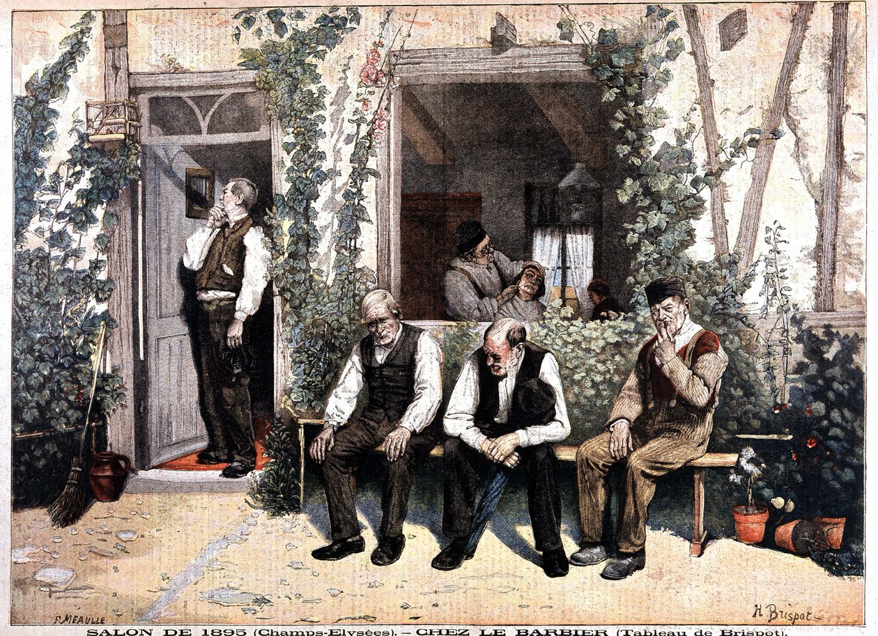 الحلاق. الطباعة الحجرية على أساس لوحة بريسبوت ، معرض عام 1895 في الشانزليزيه. في "" Le Petite Journal "بتاريخ 26 مايو بواسطة H. Brispot