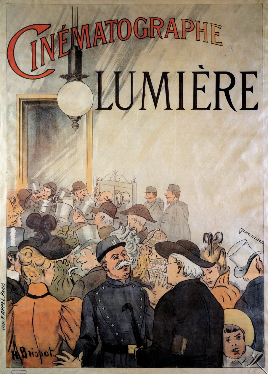 ملصق للمصور السينمائي للأخوين لوميير في المقهى الكبير في ديسمبر 1895 (رسم توضيحي) بواسطة H. Brispot