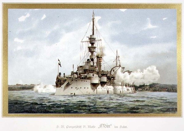 السفينة المدرعة SM ، الفئة الرابعة ، 'Odin' im Salut (السفينة المدرعة HM ، الفئة الرابعة ، 'Odin' in Salute) 1899 (litho) بواسطة H. Graf