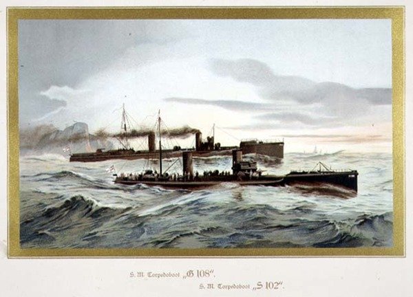 SM Torpedoboot 'G 108' و SM Torpedoboot 'S 102' (HM Torpedo Boats 'G 108' و 'S 102') حوالي عام 1899 (litho) بواسطة H. Graf