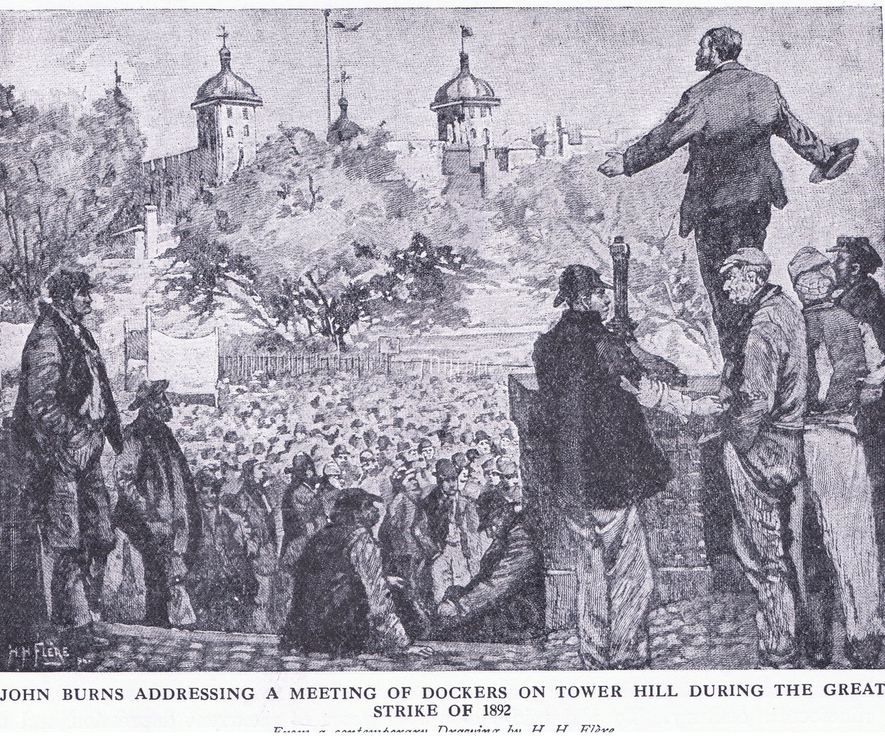 جون بيرنز يخاطب اجتماع عمال الرصيف في برج هيل خلال الإضراب العظيم عام 1892 ، من Cassells History of the British People الذي نشرته شركة Waverley Book Company Limited ، c.1940 بواسطة سمو فلير