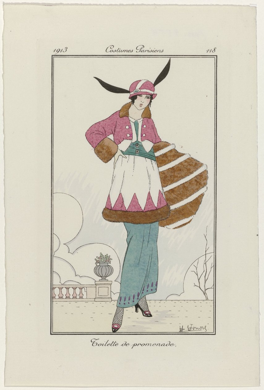 مجلة السيدات والأزياء: رسامو الأزياء مجلة السيدات والأزياء: أخبار الموضة Journal des Dames et des Modes، Costumes Parisiens، 1913، No. 118: مرحاض للنزهة بواسطة ح هونور