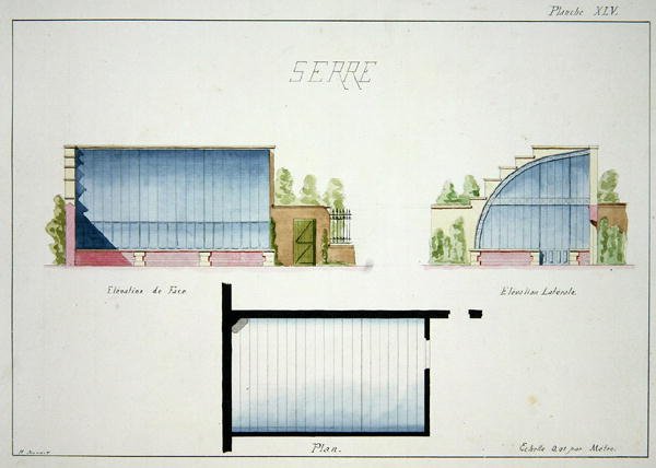 تصميم لدفيئة ذات جدران وسقف زجاجي منحني ، من ورقة من الرسومات الأصلية في أنماط Belle-Epoque الكلاسيكية والمبكرة ، حوالي عام 1870 (قلم حبر وحبر على ورق) بواسطة H. مونو
