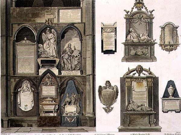 الجانب الغربي من ركن الشعراء ، اللوحة 25 من دير وستمنستر ، محفورة من قبل جيه.بلاك (fl.1791-1831) حانة. بقلم رودولف أكرمان (1764-1834) 1811 (أكواتينت) بواسطة H. بعد Villiers