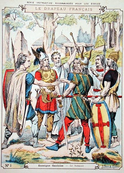 المحاربون الغاليون يقسمون اليمين ، من غلاف واقي للكتب المدرسية ، أواخر القرن التاسع عشر (لون ليثو) بواسطة H. و Louis R. Feist