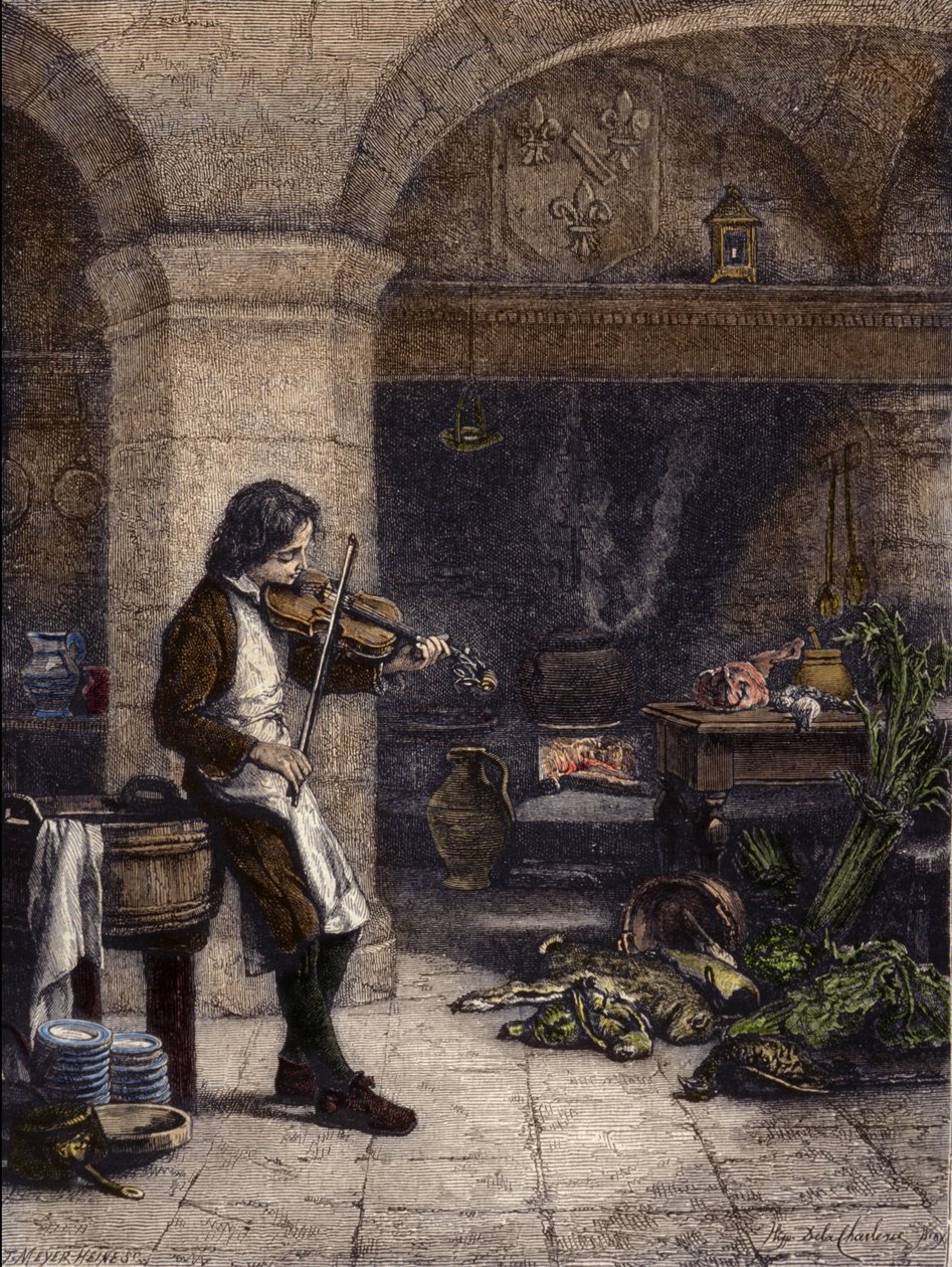 جان بابتيست لولي (جيوفاني باتيستا لولي) (1632-1687) ، مؤلف موسيقي فرنسي ، ثم "جالوبين" أو مارميتون لمادموزيل دي مونتبينسييه. نقش بواسطة T.Meyer-Heine (Meyer Heine) من رسم لهيبوليت دي لا شارليري (1827-1867). بواسطة H. de la (بعد) Charlerie