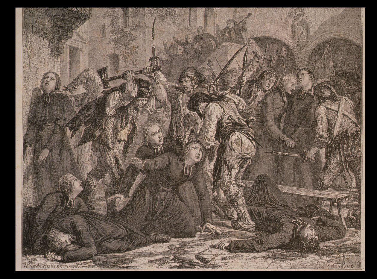 مذبحة الكهنة في سبتمبر 1792 ، نقشها تشارلز موراند بواسطة H. de la Charlerie