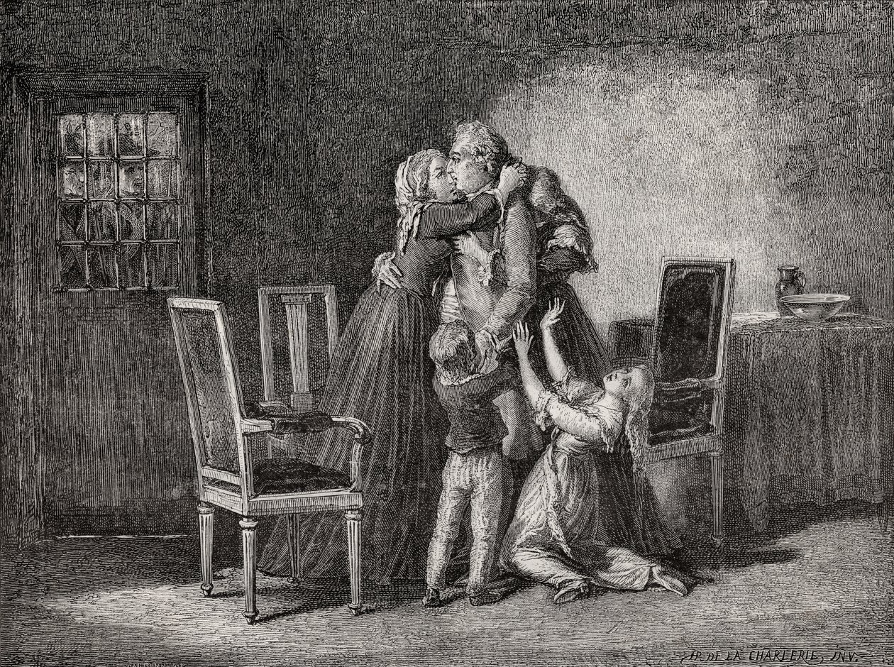وداع العائلة المالكة الأخير ، 20 يناير 1793 ، منقوش بواسطة كاربونيو ، من "تاريخ الثورة الفرنسية" بقلم لويس بلانك (1811-1882) بواسطة H. de la Charlerie