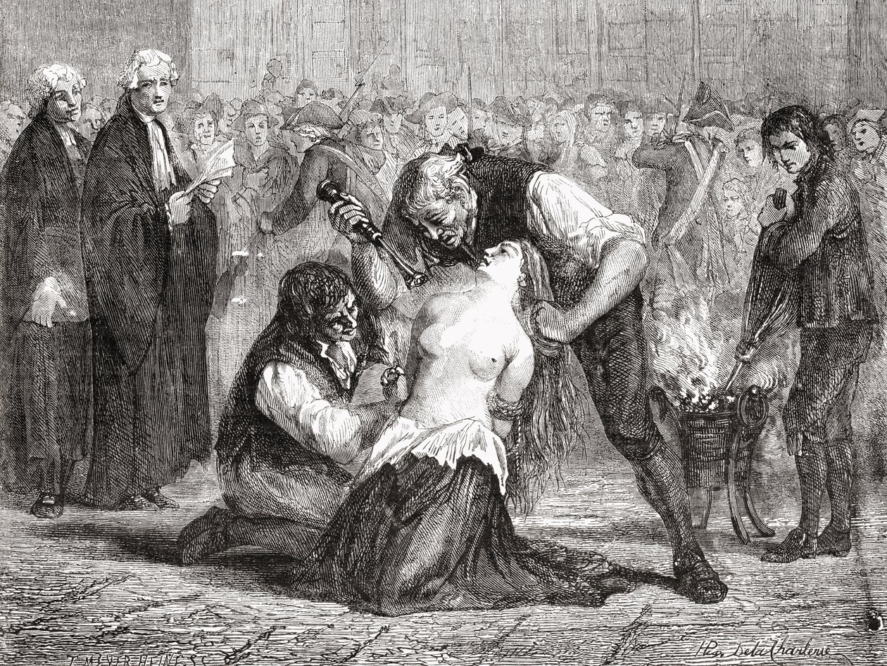 تعذيب مدام دي لا موت ، منقوش من قبل ماير هاين ، من "تاريخ الثورة الفرنسية" لوي بلانك (1811-1882) بواسطة H. de la Charlerie