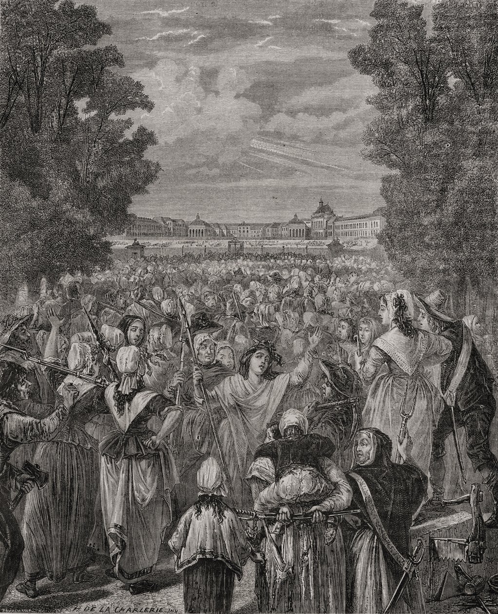 مسيرة النساء في فرساي ، من 5 إلى 6 أكتوبر 1789 ، منقوش بواسطة Pannemaker-Ligny ، من "Histoire de la Revolution Française" بواسطة Louis Blanc (1811-1882) بواسطة H. de la Charlerie