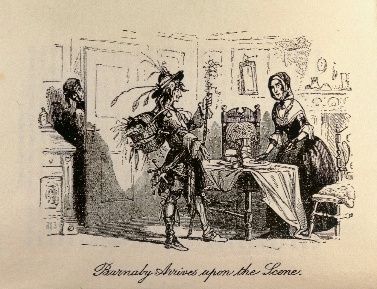 "بارنابي يصل إلى المشهد" من فيلم "بارنابي رودج" تأليف تشارلز ديكنز (1812-70) بواسطة هابلوت نايت براون