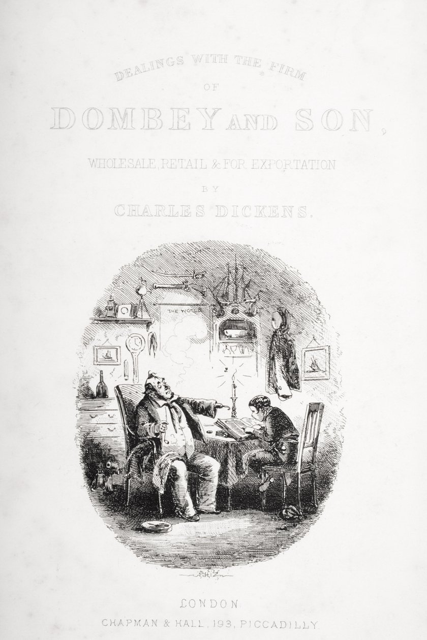رسم توضيحي للغلاف لـ "Dombey and Son" بواسطة تشارلز ديكنز ، نُشر لأول مرة عام 1848 بواسطة هابلوت نايت براون