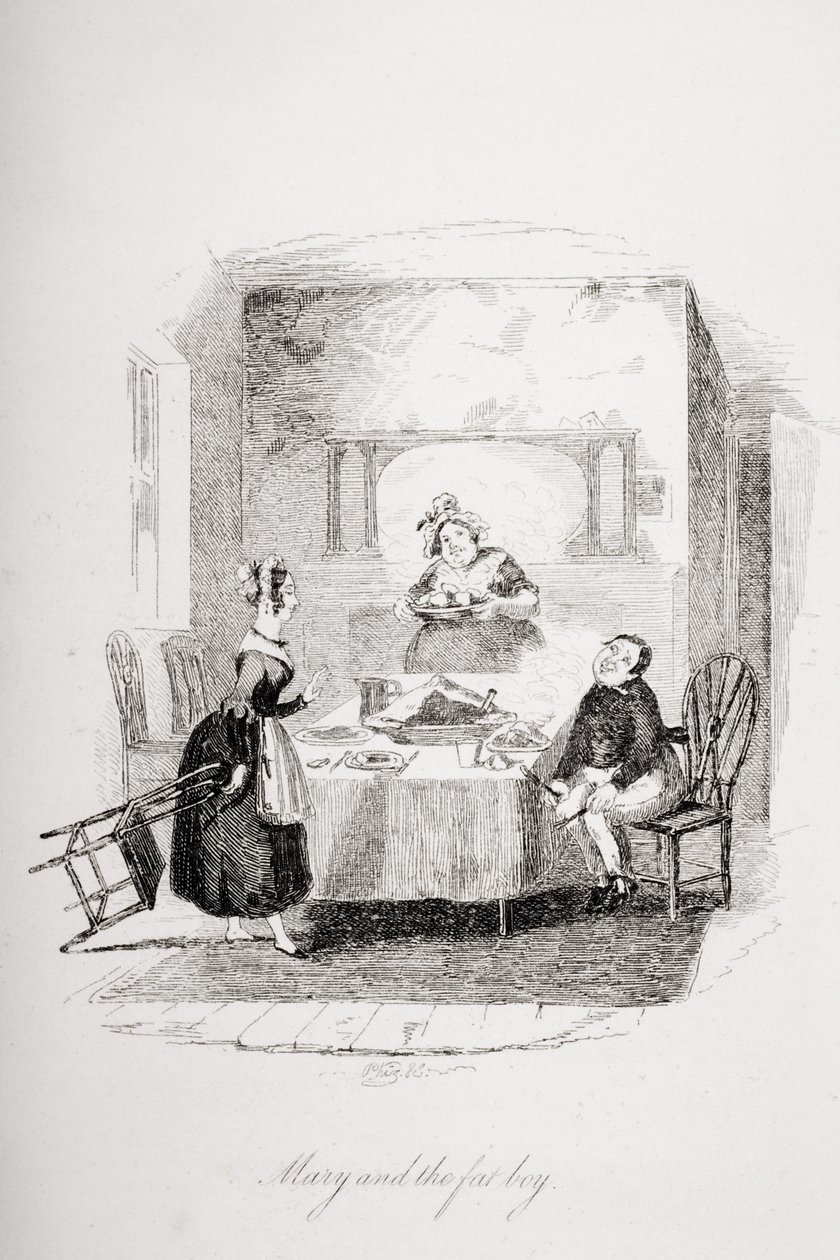 ماري والصبي السمين ، رسم توضيحي من `` أوراق بيكويك &39;&39; تشارلز ديكنز (1812-1870) نشر عام 1837 بواسطة هابلوت نايت براون