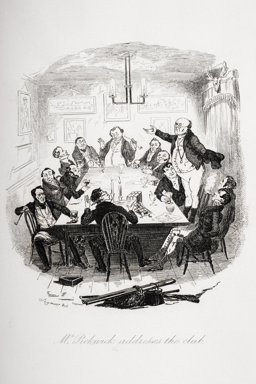 السيد بيكويك يخاطب النادي ، رسم توضيحي من `` أوراق بيكويك &39;&39; تشارلز ديكنز (1812-70) تم نشره عام 1837 بواسطة هابلوت نايت براون