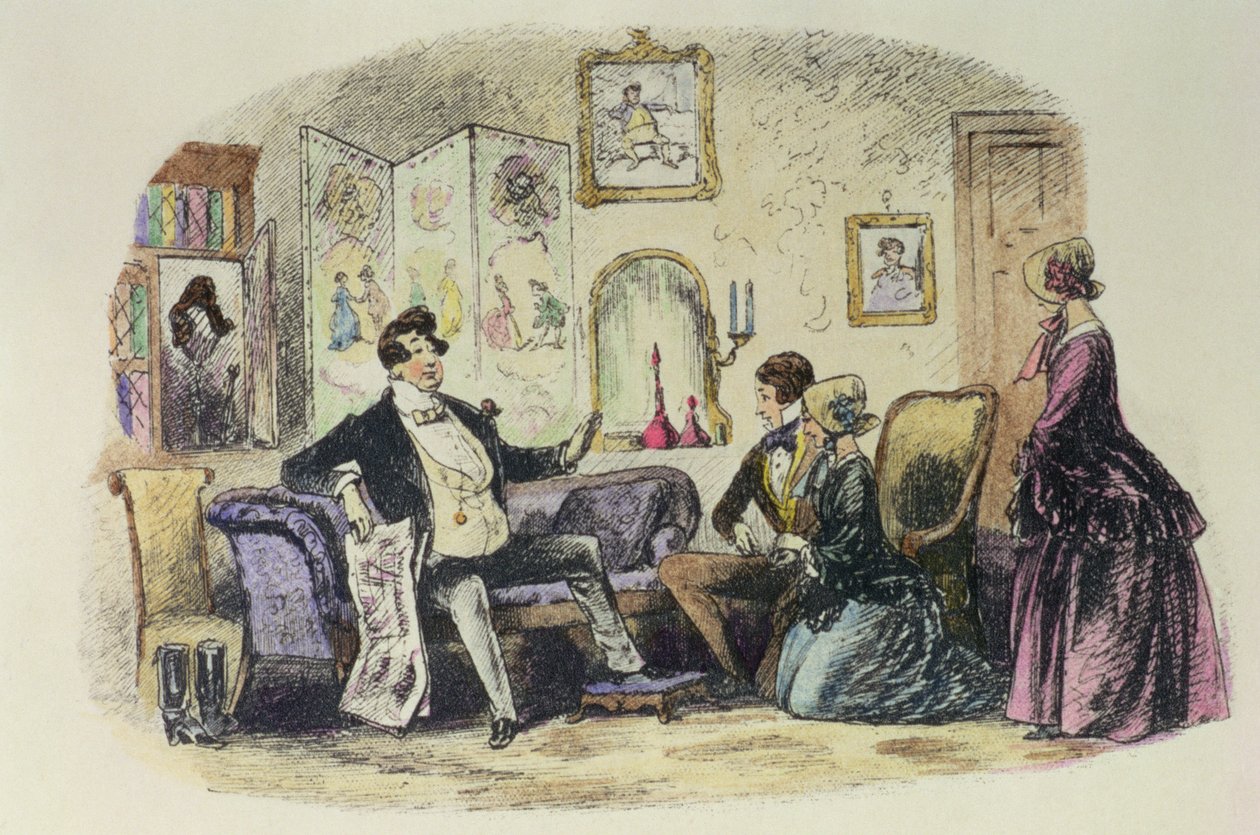 الأمير Turveydrop يبارك ابنه وزوجة ابنه عندما يعلنون ارتباطهم مع Esther Summerson ينظرون ، التوضيح من `` Bleak House &39;&39; بواسطة Charles Dickens (1812-70) 1853 (color en بواسطة هابلوت نايت براون