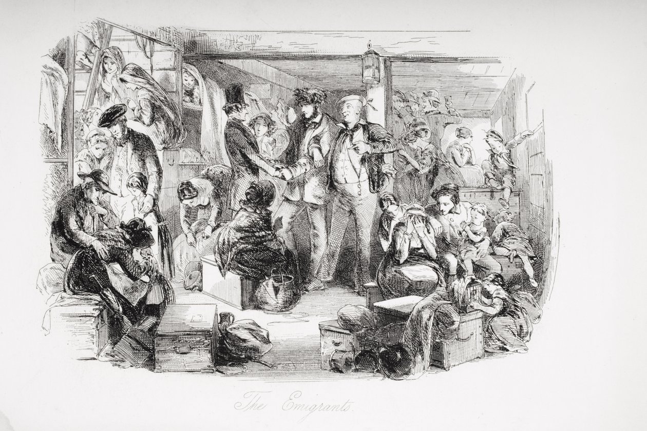 المهاجرون ، رسم توضيحي من "ديفيد كوبرفيلد" بقلم تشارلز ديكنز (1812-1870) نشر لأول مرة عام 1850 (ليثو) بواسطة هابلوت نايت براون