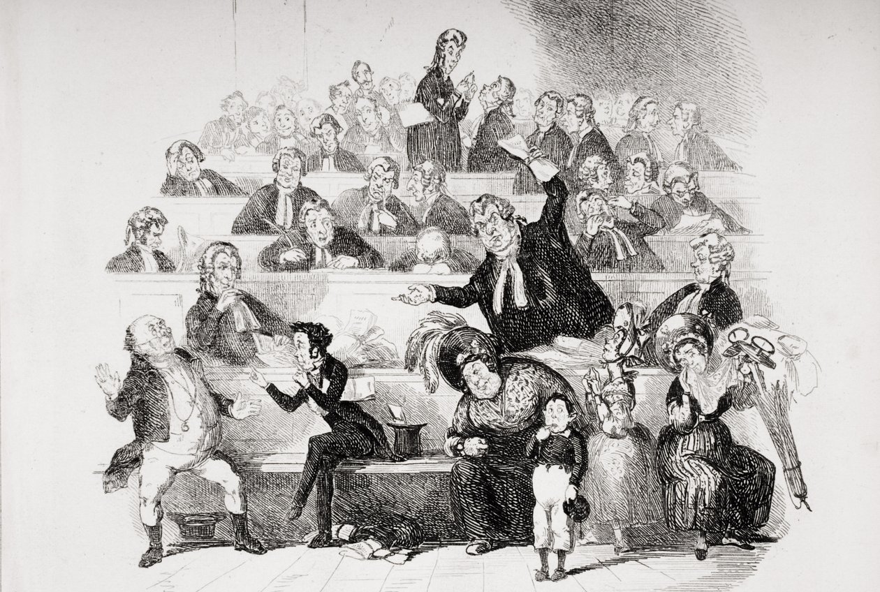 المحاكمة ، توضيح من `` أوراق بيكويك &39;&39; تشارلز ديكنز (1812-1870) نشرت عام 1837 (انظر أيضًا 259104) بواسطة هابلوت نايت براون