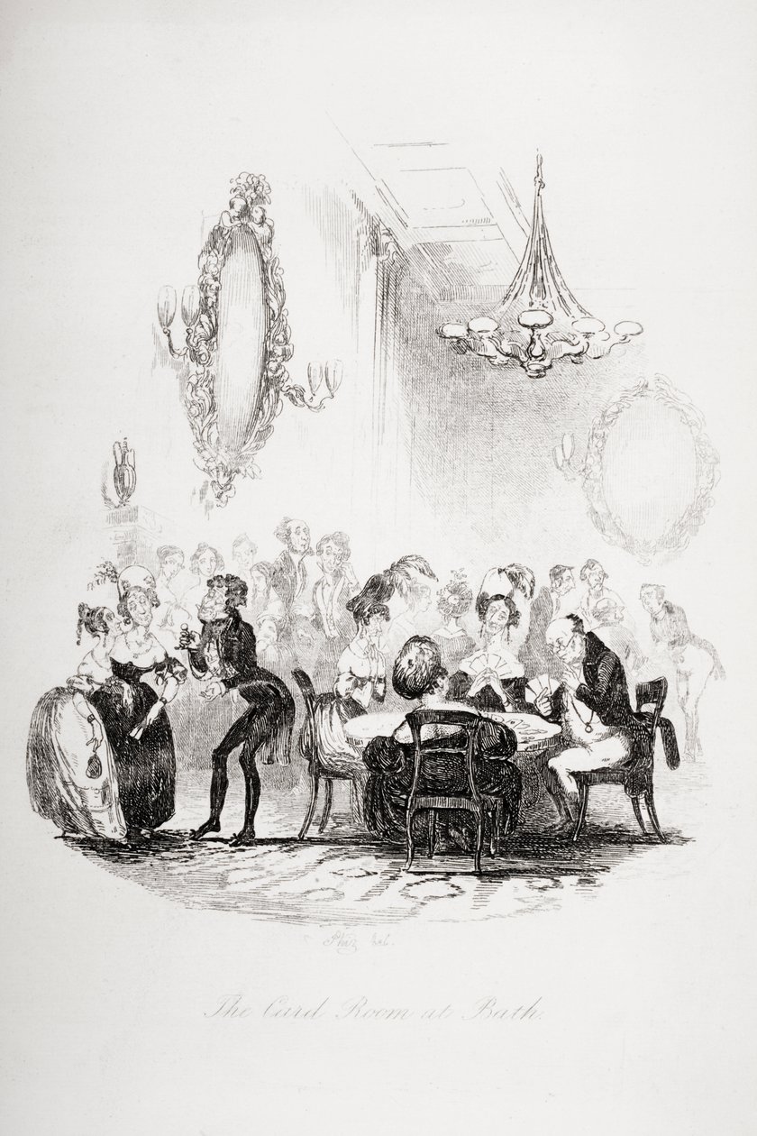 غرفة البطاقة في باث ، رسم توضيحي من `` أوراق بيكويك &39;&39; ، بقلم تشارلز ديكنز (1812-1870) نشرت عام 1837 بواسطة هابلوت نايت براون