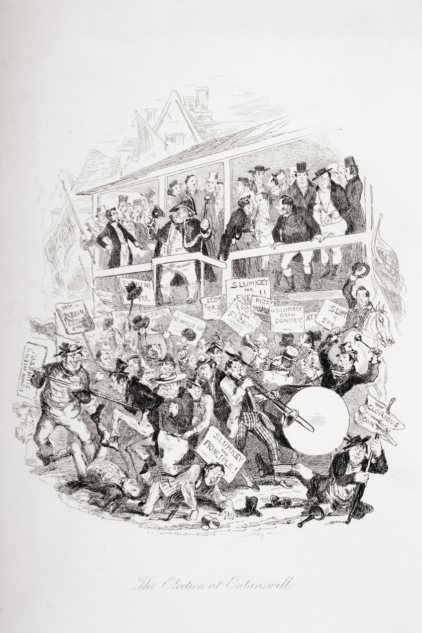 الانتخابات في Eatanswill ، توضيح من `` أوراق بيكويك &39;&39; تشارلز ديكنز (1812-70) نشرت عام 1837 بواسطة هابلوت نايت براون