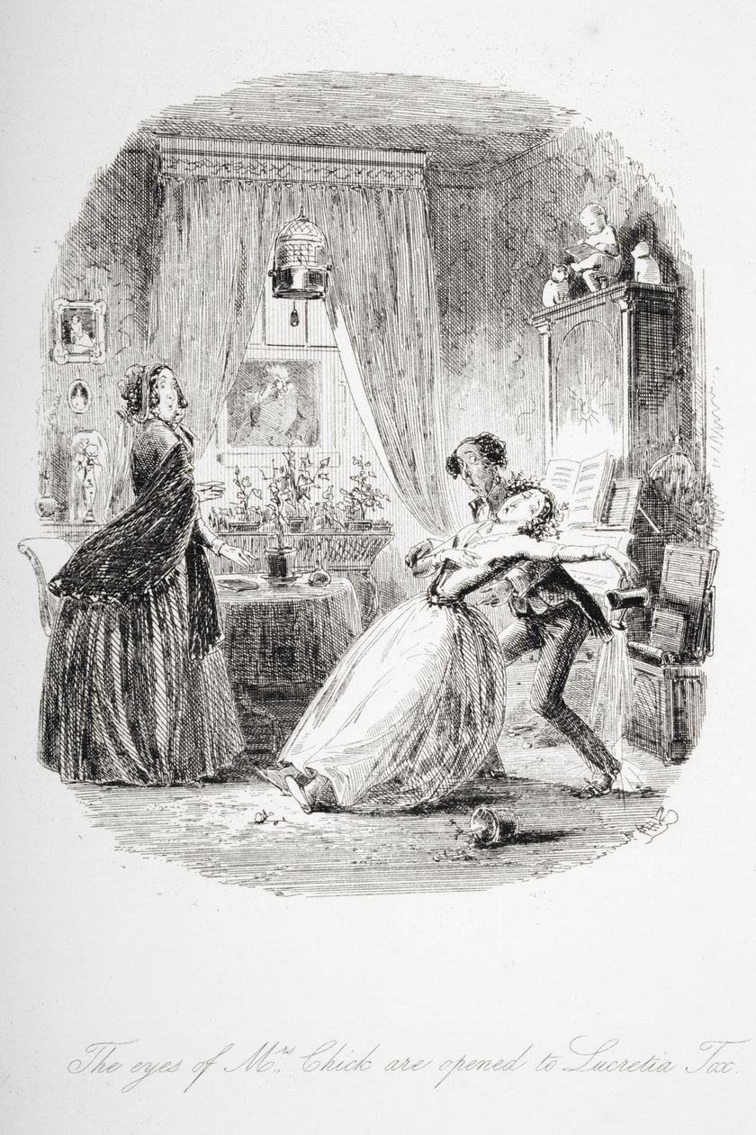يتم فتح عيون السيدة كيك على Lucretia Tox ، رسم توضيحي من "Dombey and Son" بواسطة تشارلز ديكنز (1812-70) نشر لأول مرة عام 1848 بواسطة هابلوت نايت براون