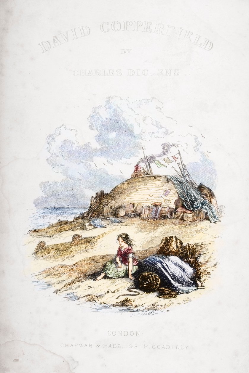 رسم توضيحي لصفحة العنوان من "ديفيد كوبرفيلد" بقلم تشارلز ديكنز (1812-70) نشر لأول مرة عام 1850 (تلوين لاحق) بواسطة هابلوت نايت براون