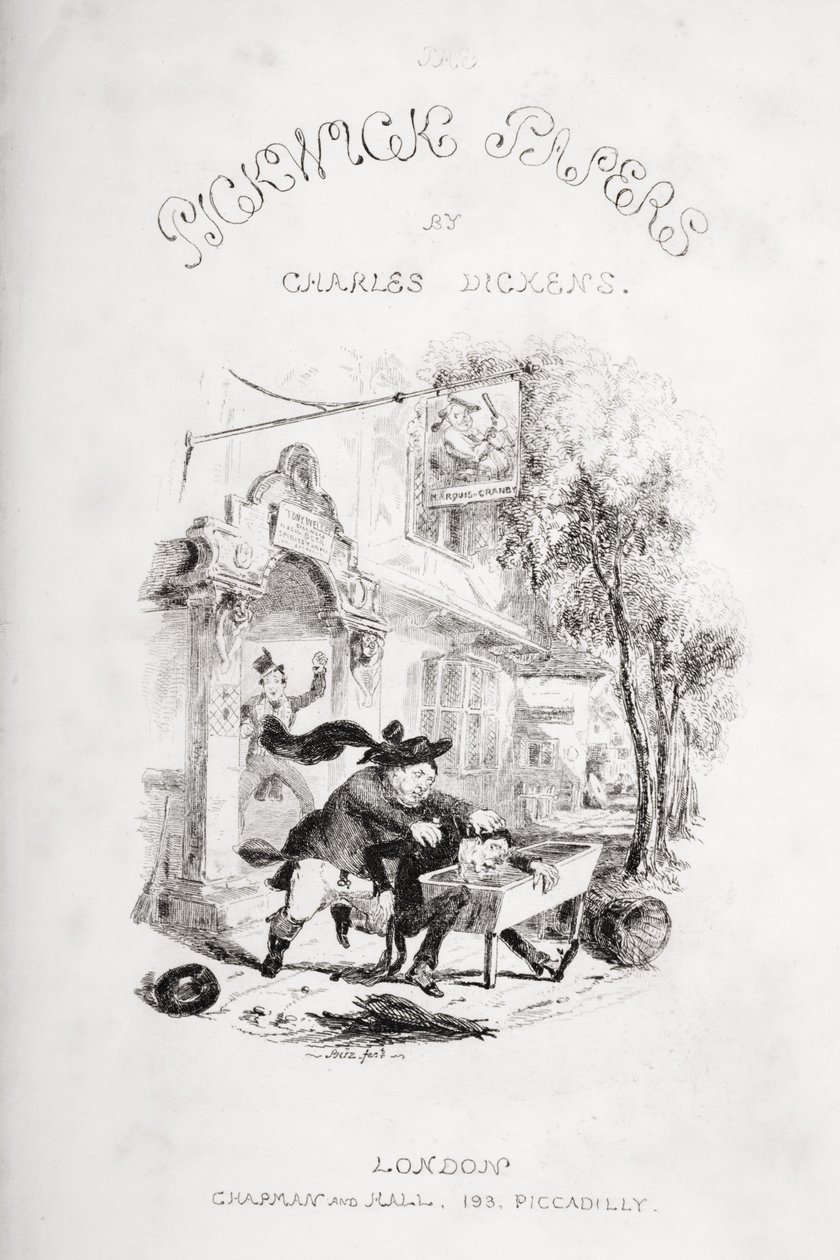 صفحة العنوان ، رسم توضيحي من `` أوراق بيكويك &39;&39; تشارلز ديكنز (1812-1870) نشرت عام 1837 بواسطة هابلوت نايت براون