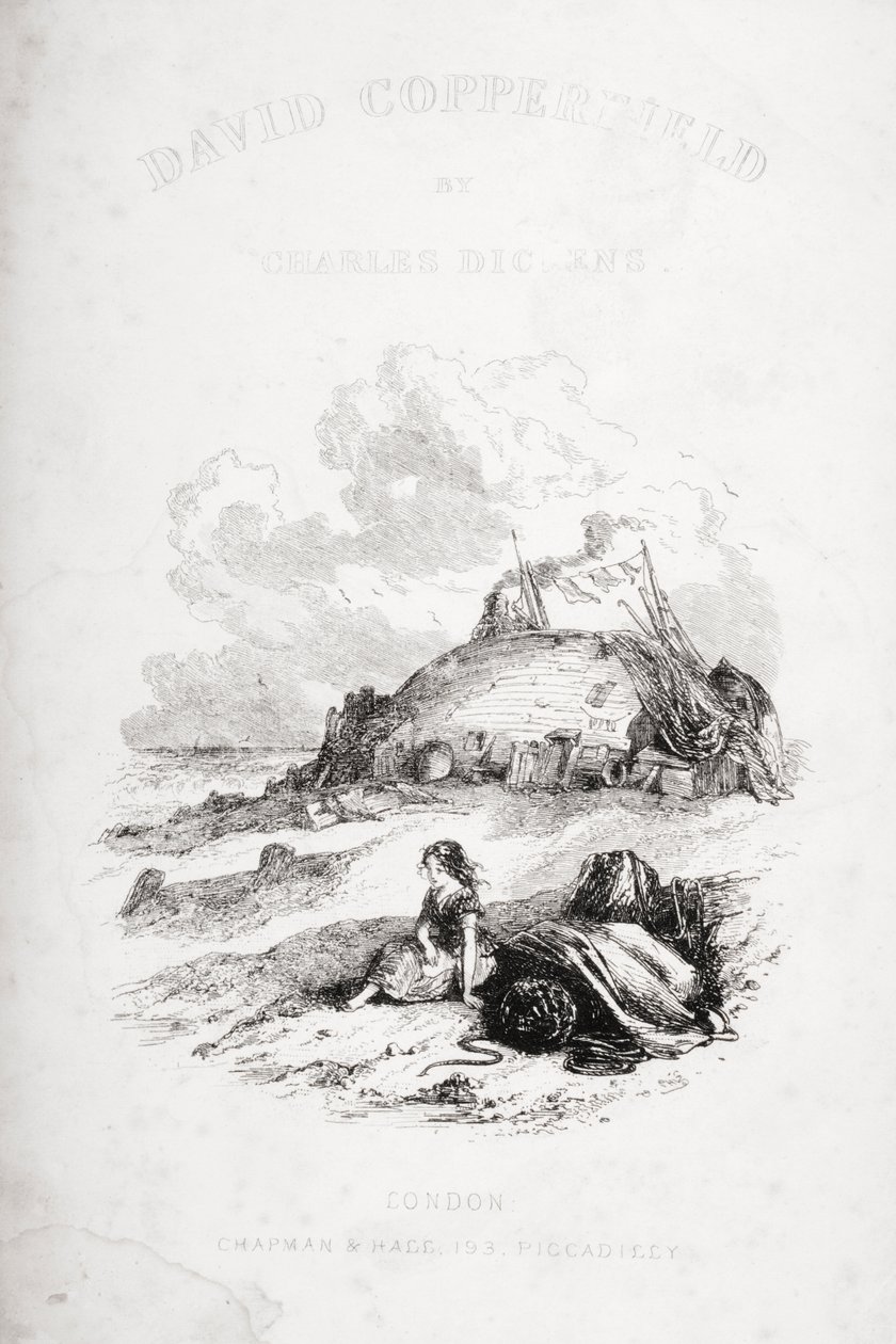 رسم توضيحي لصفحة العنوان من "ديفيد كوبرفيلد" بقلم تشارلز ديكنز (1812-70) نُشر لأول مرة عام 1850 (ليثو) بواسطة هابلوت نايت براون