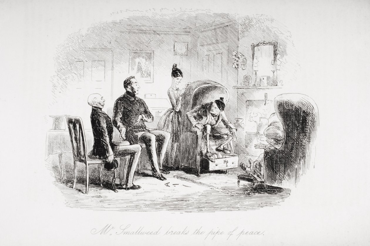 السيد Smallweed يكسر أنبوب السلام ، التوضيح من "منزل كئيب" بواسطة تشارلز ديكنز (1812-1870) المنشور عام 1853 بواسطة هابلوت نايت براون