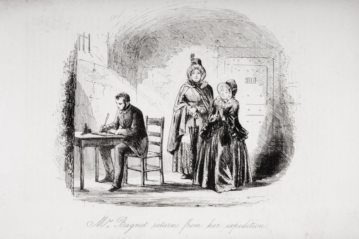 تعود السيدة باجنيت من بعثتها ، رسم توضيحي من "منزل كئيب" بقلم تشارلز ديكنز (1812-70) تم نشره عام 1853 بواسطة هابلوت نايت براون