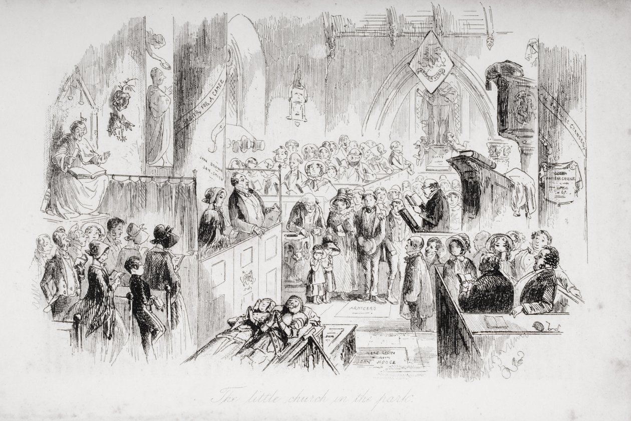 الكنيسة الصغيرة في الحديقة ، رسم توضيحي من "منزل كئيب" بقلم تشارلز ديكنز (1812-70) تم نشره عام 1853 بواسطة هابلوت نايت براون