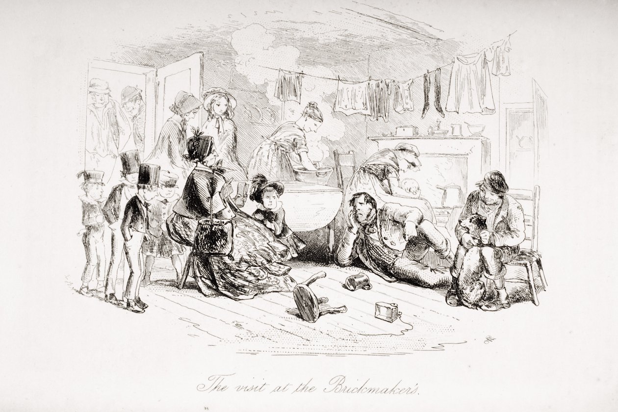 الزيارة التي قام بها تشارلز ديكنز (1812-1870) إلى Brickmaker&39;s&39;s ، توضيح من "Bleak House" نُشر عام 1853 بواسطة هابلوت نايت براون