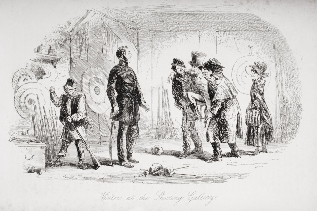 الزوار في معرض الرماية ، رسم توضيحي من "منزل كئيب" تشارلز ديكنز (1812-1870) نشر 1853 بواسطة هابلوت نايت براون