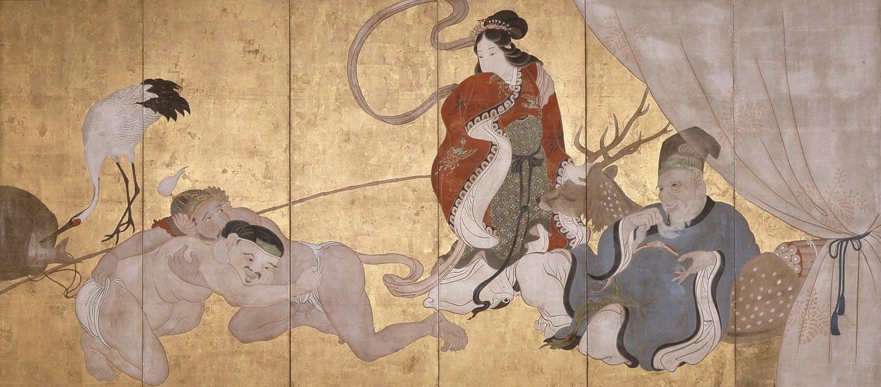 Seven Gods Of Good Fortune (حبر ، لون وورقة ذهبية على ورق ، شاشة ذات ستة أضعاف) بواسطة هانابوسا إيتشو