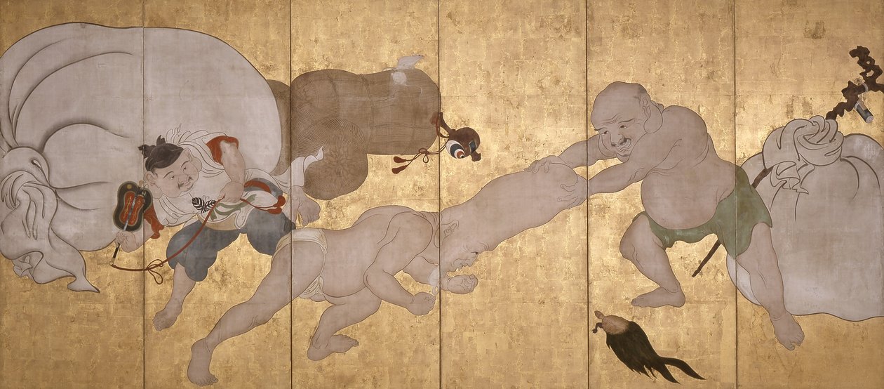 Seven Gods Of Good Fortune (حبر ، لون وورقة ذهبية على ورق ، شاشة ذات ستة أضعاف) بواسطة هانابوسا إيتشو