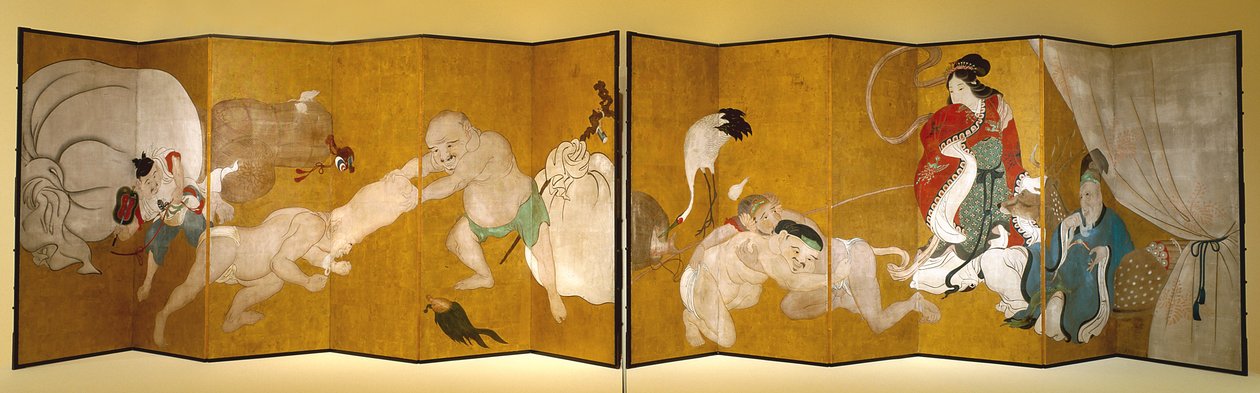 Seven Gods Of Good Fortune (حبر ، لون وورقة ذهبية على ورق ، شاشة ذات ستة أضعاف) بواسطة هانابوسا إيتشو
