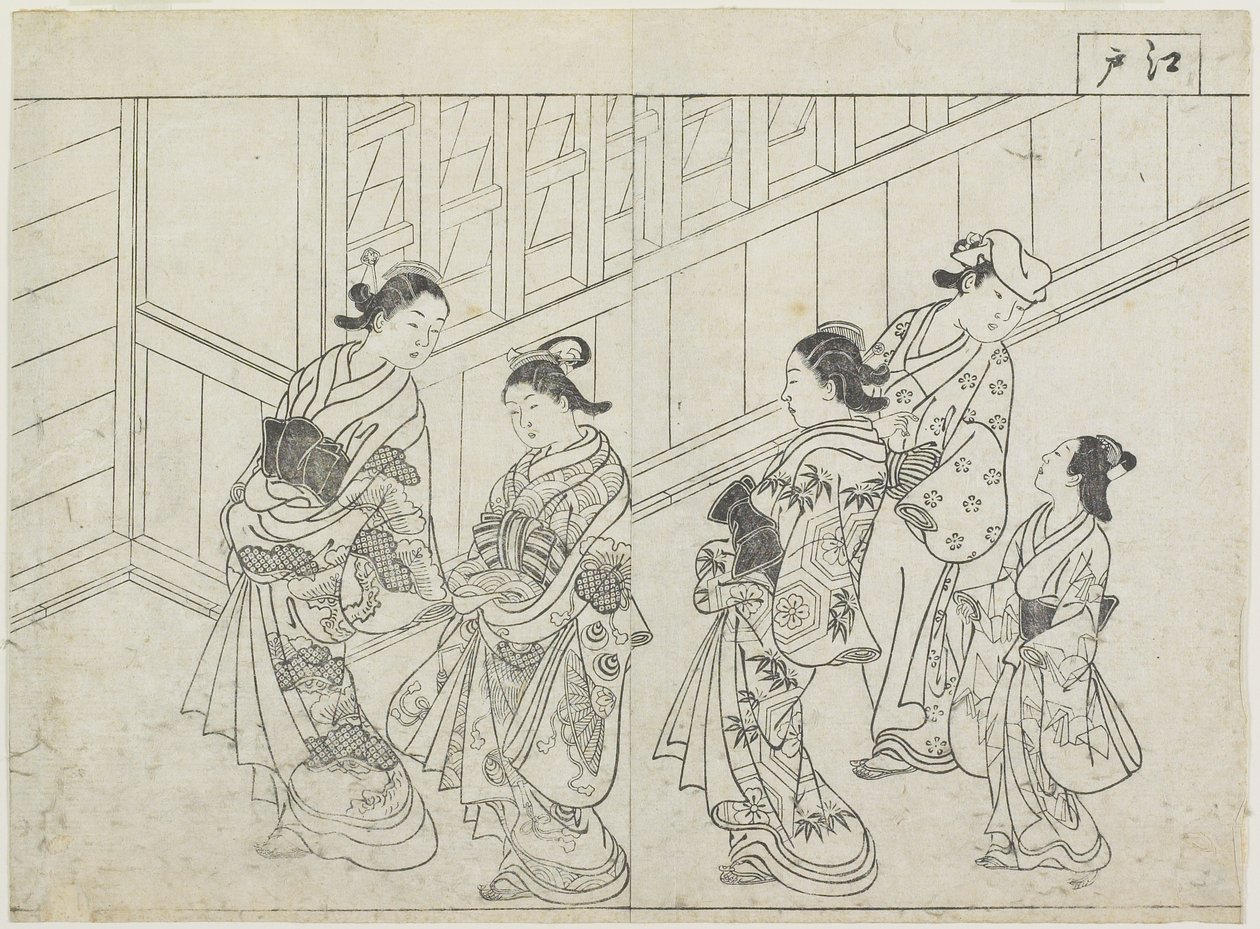 خمسة عاهرات أمام منزل ، أوائل سبعينيات القرن التاسع عشر (طبعة خشبية) بواسطة Hanabusa Shigenobu