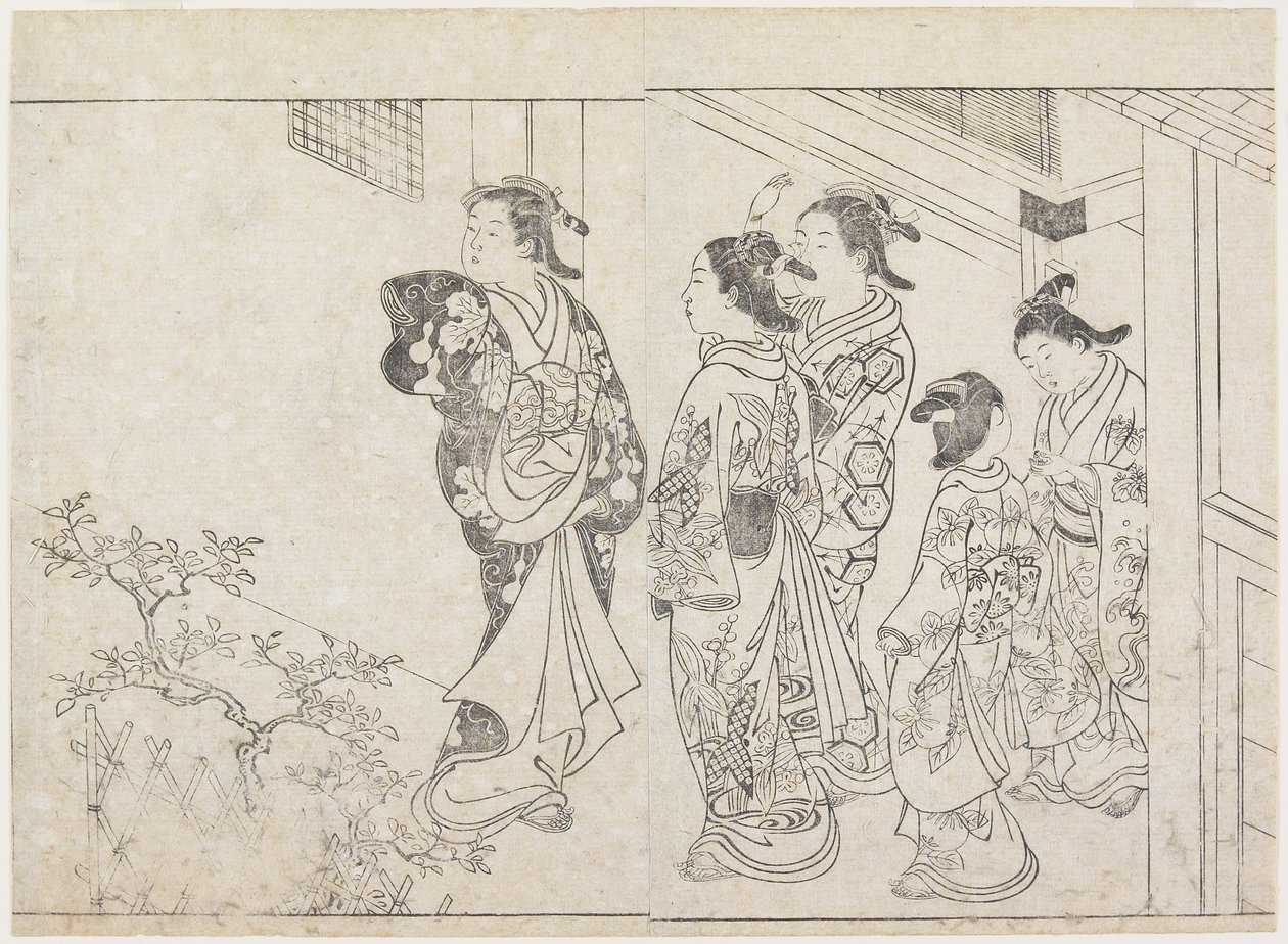 خمسة عاهرات في فناء ، أوائل السبعينيات من القرن السابع عشر (طبعة خشبية) بواسطة Hanabusa Shigenobu
