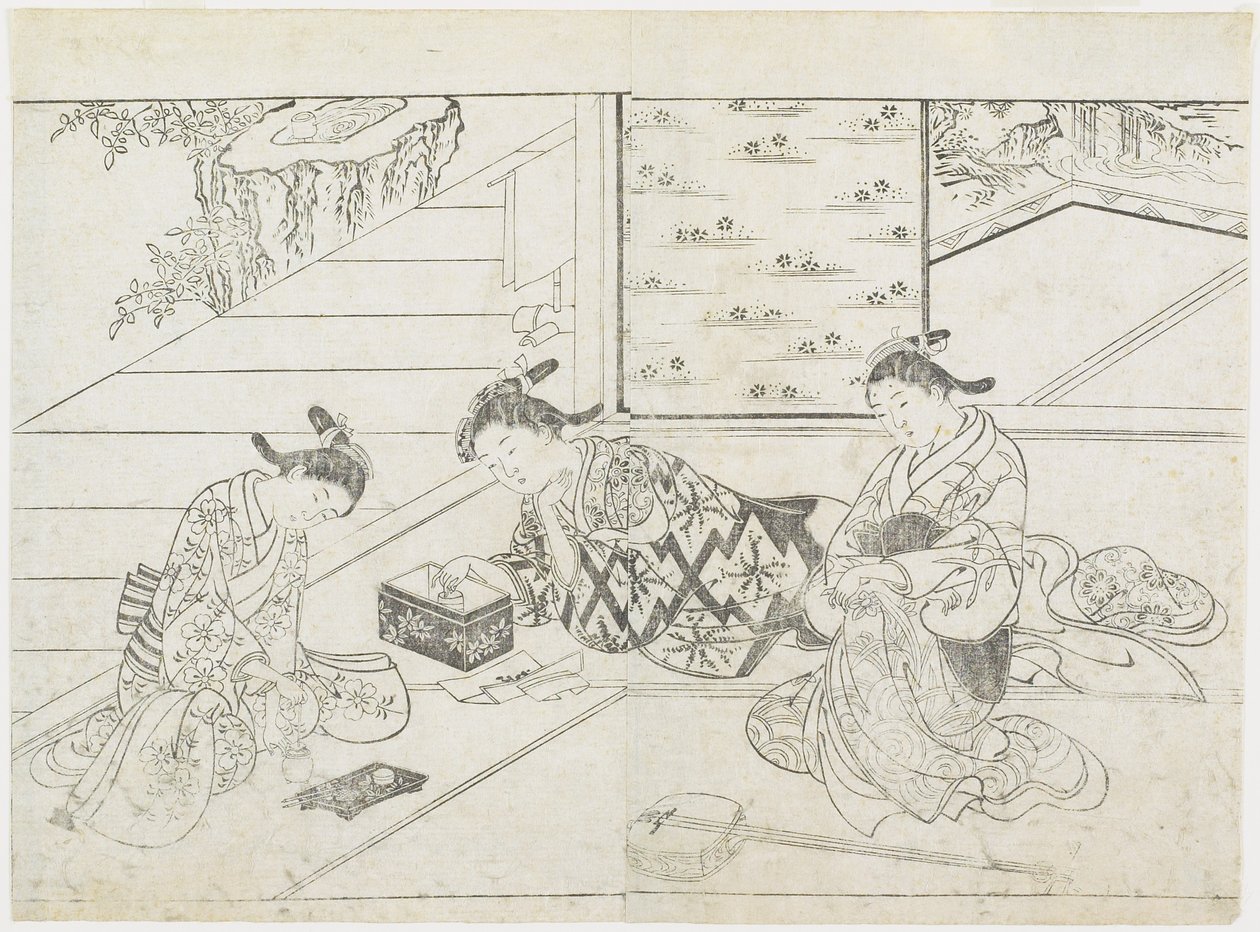ثلاثة عاهرات في غرفة ، أوائل سبعينيات القرن التاسع عشر (طبعة خشبية) بواسطة Hanabusa Shigenobu