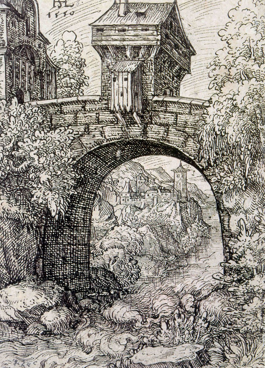 Countryside with bridge gate and water, c.1550 (etching) بواسطة هانس سبالد لوتينساك