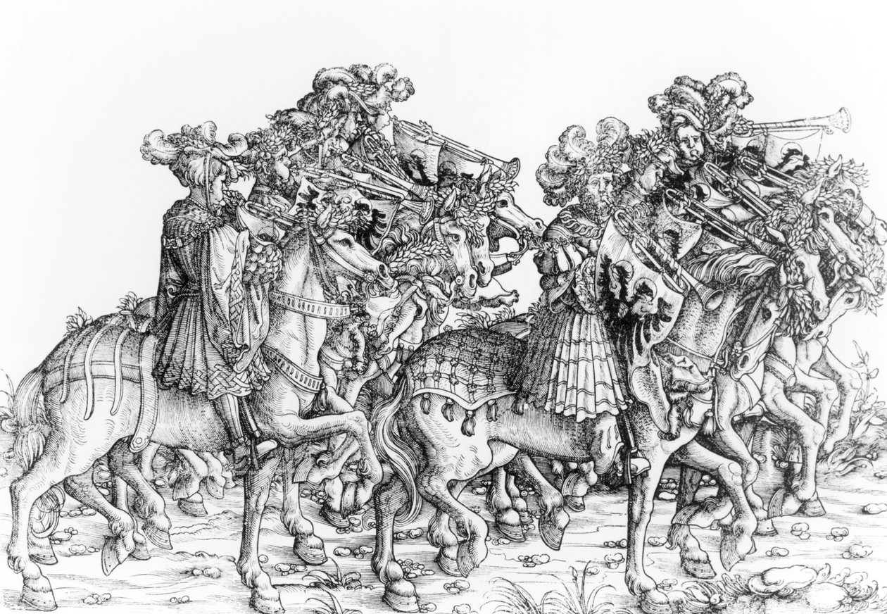 مجموعة من عازفي البوق ، من "موكب النصر في ماكسيميليان" ، c.1516-18 بواسطة هانز برجكمير