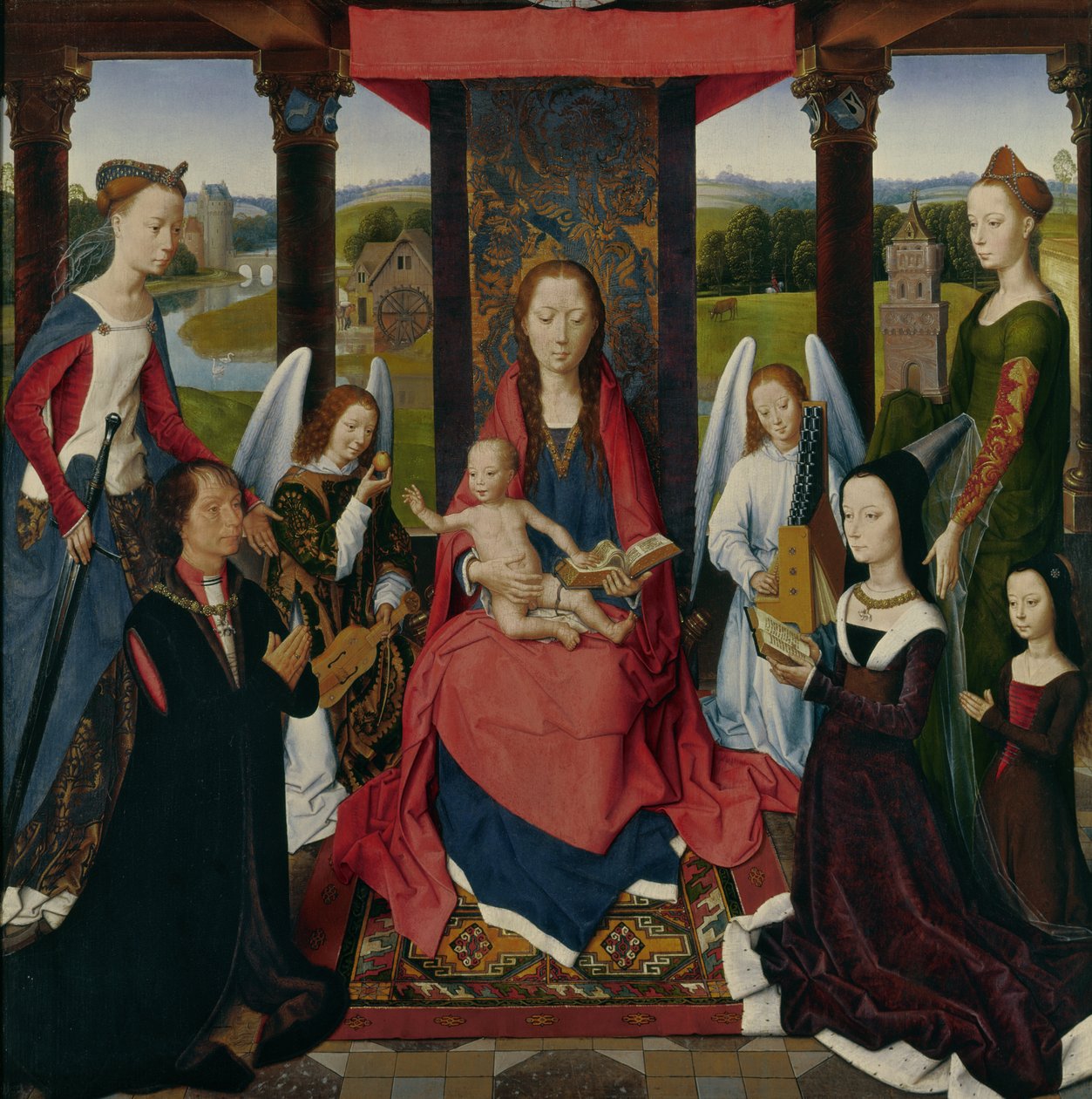 العذراء والطفل مع القديسين والمتبرعين ، لوحة من "The Donne Triptych" c.1478 (زيت على خشب البلوط) بواسطة هانز مملينج
